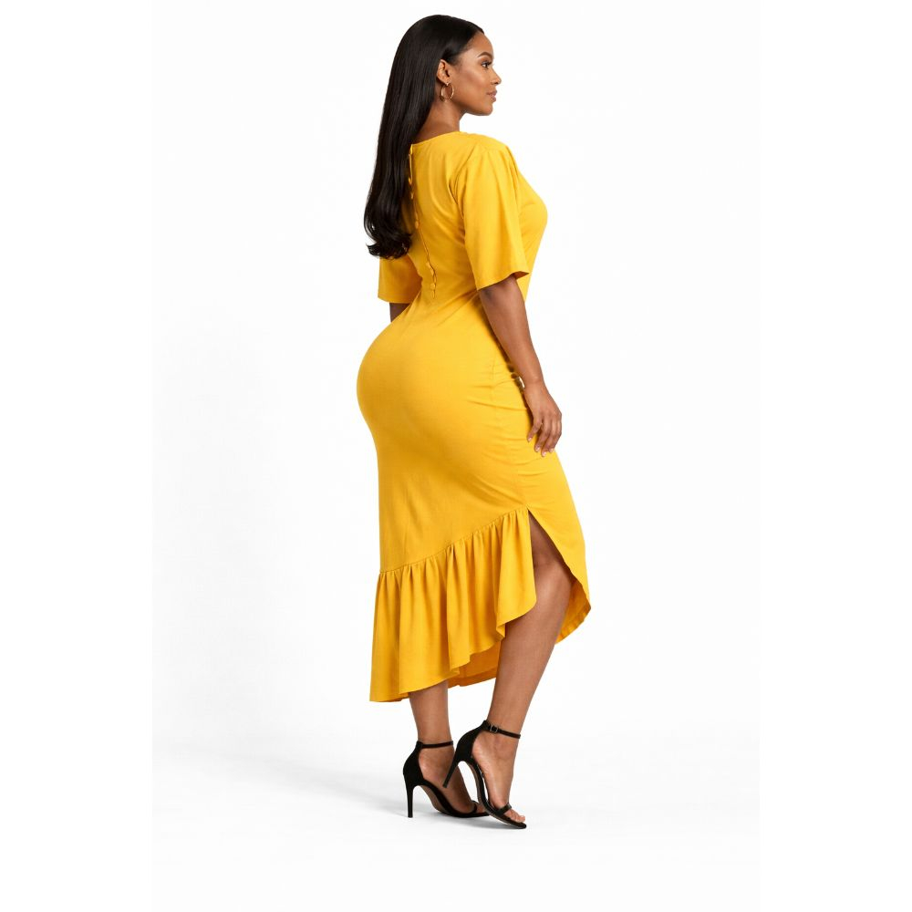Womens Premium Mustard Yellow Asymmetric Ruffle Midi Dress